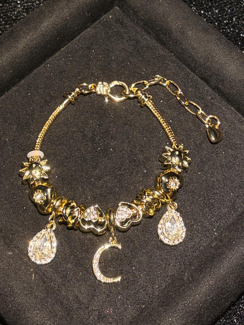 Women's Gold Tone Mixed Charm Beaded Bracelet A Z Initial Letters Available, Fashion Costume Jewelry Gift