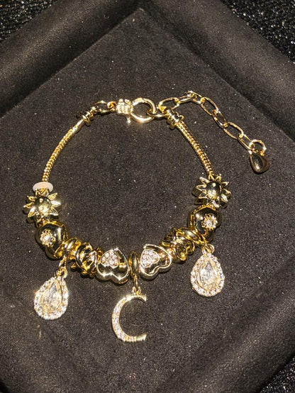 Women's Gold Tone Mixed Charm Beaded Bracelet A Z Initial Letters Available, Fashion Costume Jewelry Gift