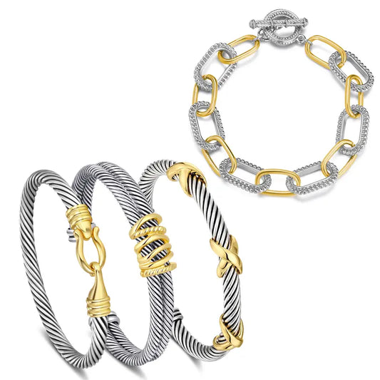 Aprilery Trendy 4PCS Twisted Adjustable Cable & Chain Link Jewelry Arm Candy Set – Stackable Knot & Hook Turquoise Bangle Bracelets for Women Perfect Everyday Jewelry Gold & Silver Bracelets
