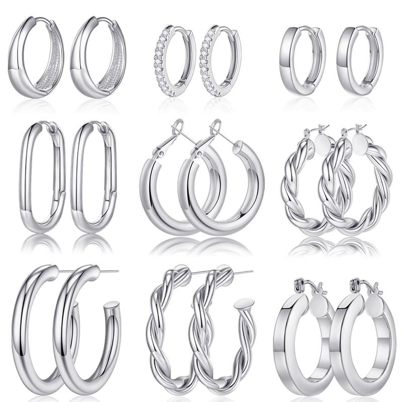 Turandoss 9 Pairs Gold Hoop Earrings for Women, Hypoallergenic Thick Lightweight Earring, 925 Sterling Silver Post 14K Real Gold Plated Chunky Hoop Earrings Set for Women for Jewelry Gifts