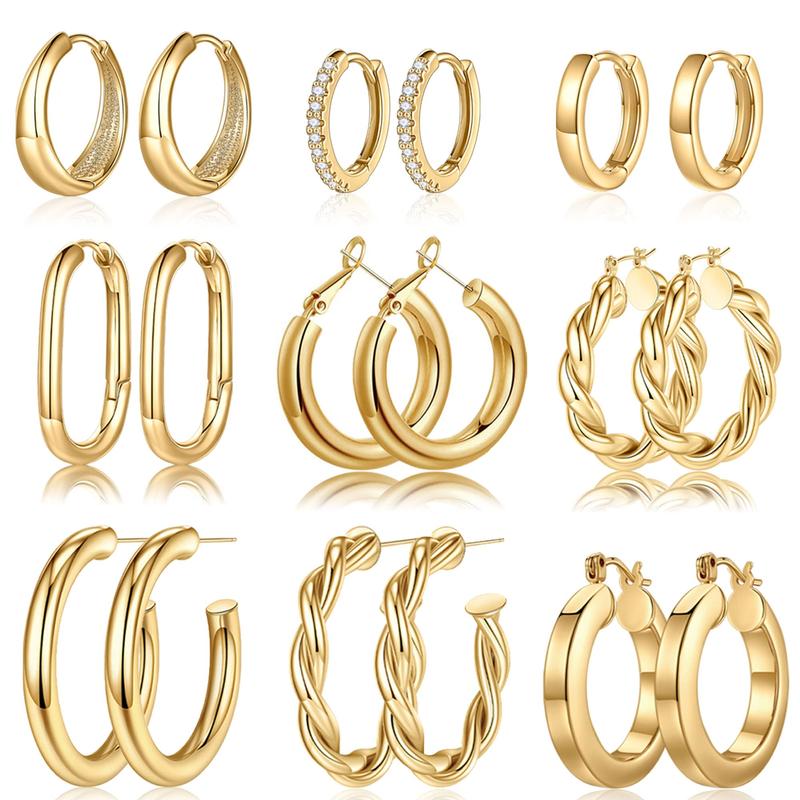 Turandoss 9 Pairs Gold Hoop Earrings for Women, Hypoallergenic Thick Lightweight Earring, 925 Sterling Silver Post 14K Real Gold Plated Chunky Hoop Earrings Set for Women for Jewelry Gifts