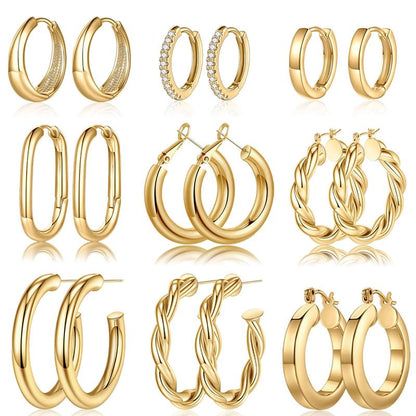 Turandoss 9 Pairs Gold Hoop Earrings for Women, Hypoallergenic Thick Lightweight Earring, 925 Sterling Silver Post 14K Real Gold Plated Chunky Hoop Earrings Set for Women for Jewelry Gifts