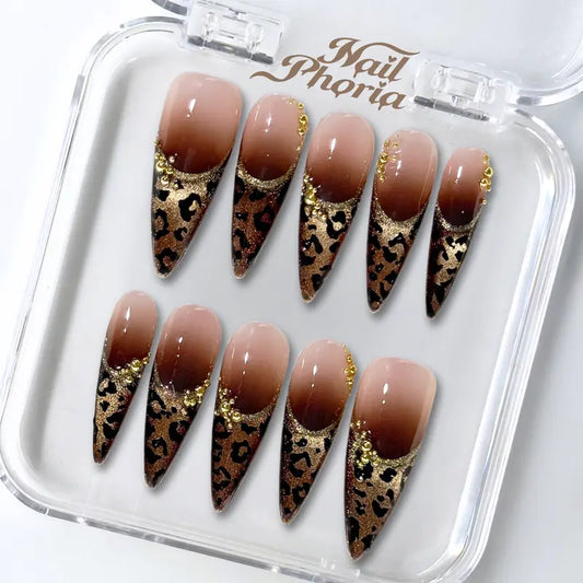 NailPhoria GILDED CHEETAH - Fall Handmade Press-On Nails | Reusable, Salon-Quality, Long-Lasting, Glossy Design - Long Stiletto 33mm