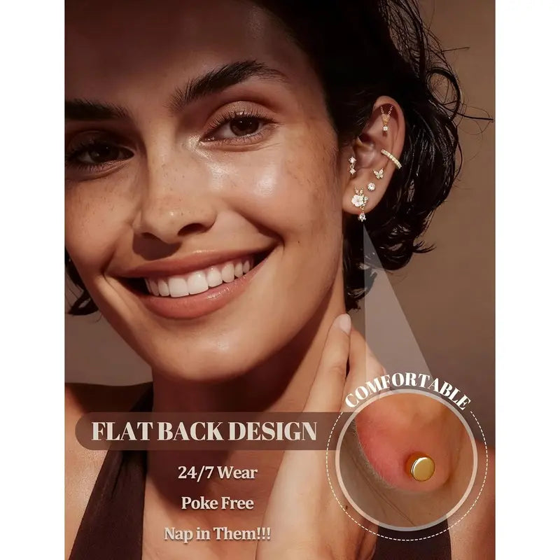 Trendy 12 pairs Hypoallergenic Cartilage Earrings for Women,Flat Back Earring Stacks,Stainless Surgical Steel,Sensitive Ears,Flatback Stud,Hoop,Earring Set,Tragus Conch Daith Helix Piercing Jewelry