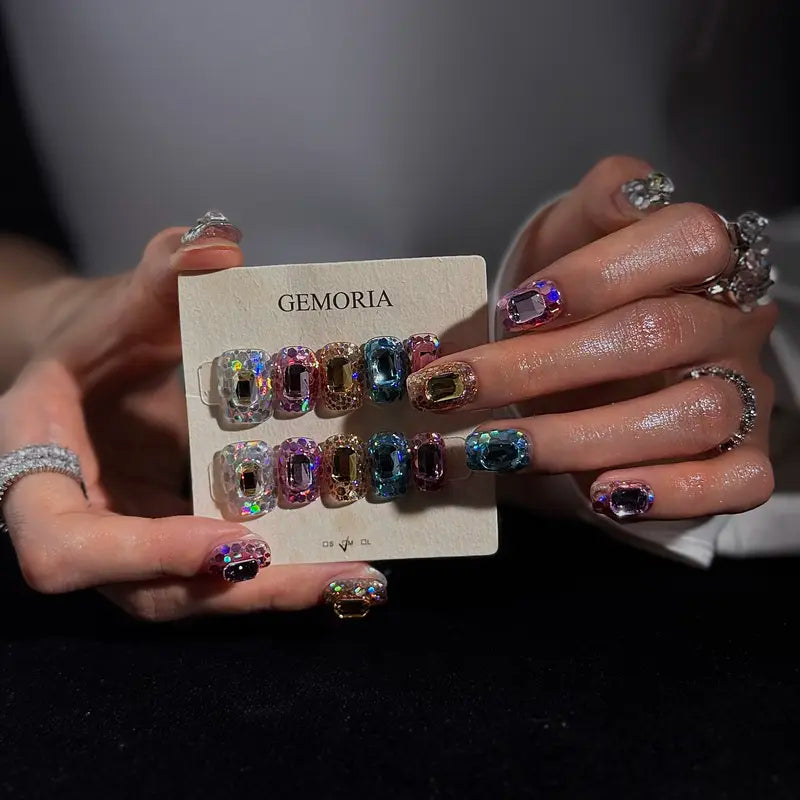 (17AM00#) Handmade Press-On Nails | Reusable, Salon-Quality, Long-Lasting, Glossy Design, Crystal Rhinestone Nude Blue Party Set
