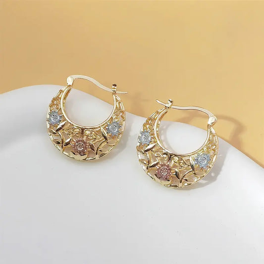 Women's Vintage Flower Hoop Earrings - 14 Karat Gold Plated Tri-Color Filigree Basket Design Costume Jewelry for Daily Wear & Gifting, Earrings For Women