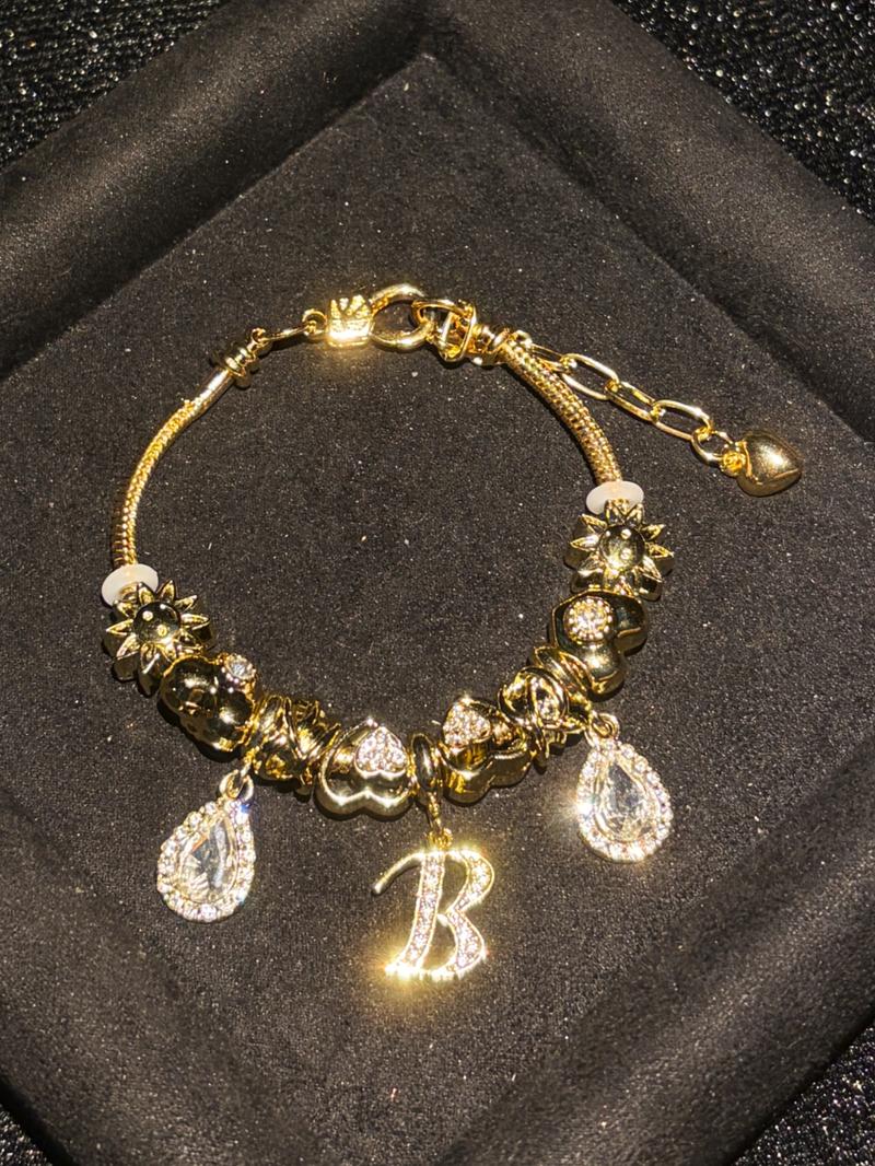 Women's Gold Tone Mixed Charm Beaded Bracelet A Z Initial Letters Available, Fashion Costume Jewelry Gift