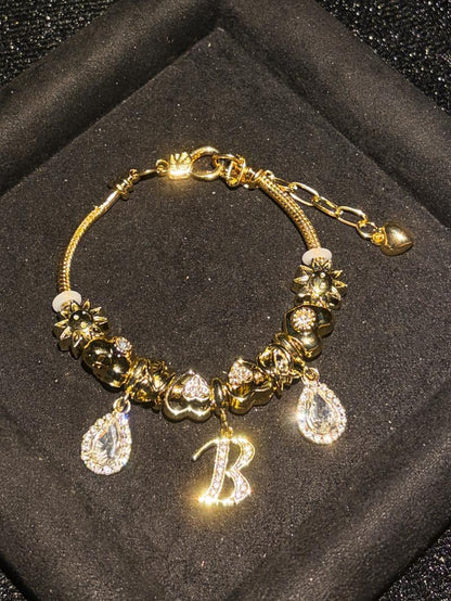 Women's Gold Tone Mixed Charm Beaded Bracelet A Z Initial Letters Available, Fashion Costume Jewelry Gift