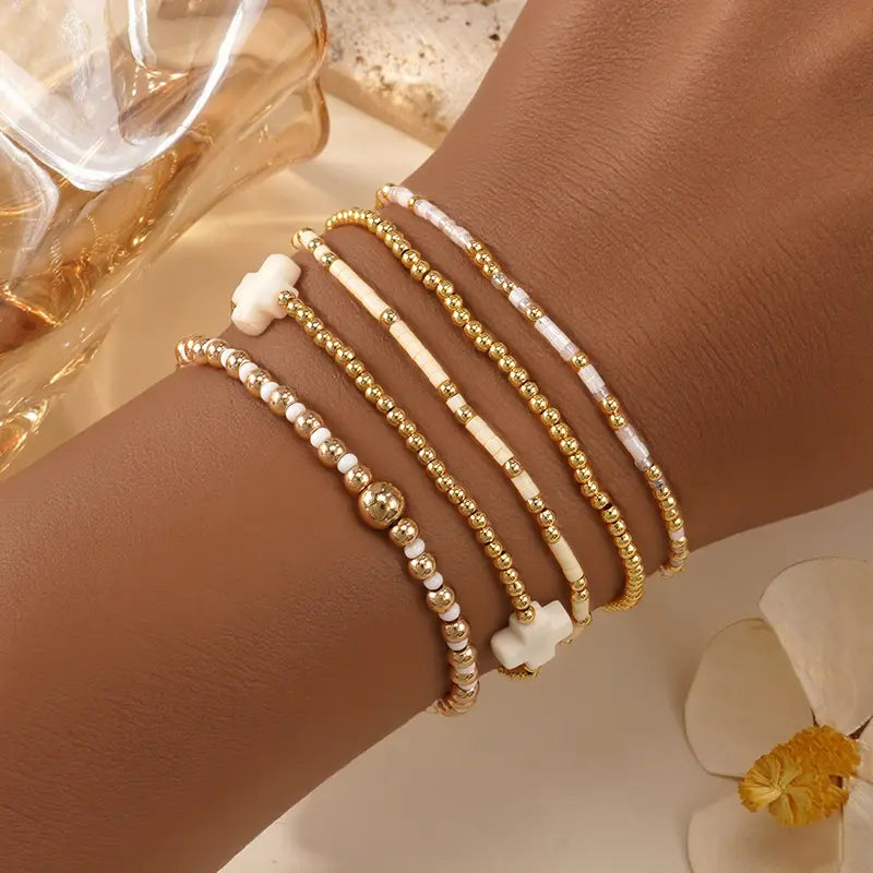 SHINUS BOHO Bracelet Stack for Women, 5-Piece Bohemian Layered Set with Colorful African Vinyl Beads and Gold-Plated Cross Charm, Stretch Beach Jewelry, Jewelry For Women, Teenage Girls Gifts, Beach Wear, Wrist Stack, Fashion