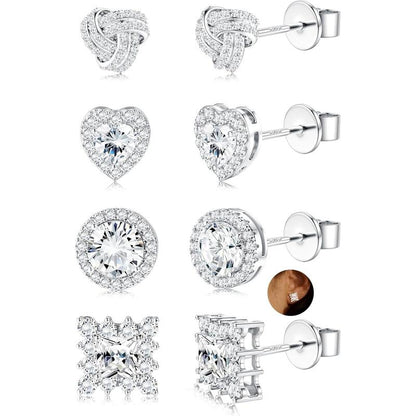 4 Pairs Trendy Sterling Silver CZ Stud Earrings for Women 14K Waterproof Gold Plated Brilliant Celtic Heart Big Stud Earrings Set Cubic Zirconia Earrings Studs for Sensitive Ear, Heart Shaped Earrings, Artificial Zirconia Earrings, Jewelry For Women