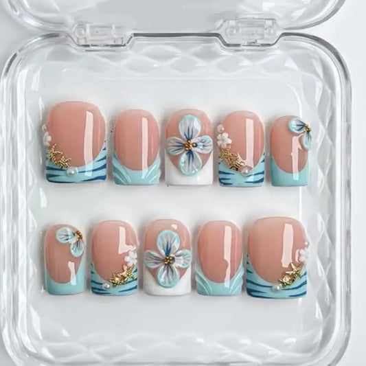 10Pcs/Set Short Square-Shaped Handmade Press-On Nails,Y2K Style,Nude,Light Blue,White,French Tip & 3D Flower Design,Gold Starfish & Pearl Decor,Size XS/S/M/L,Include Jelly Glue,Nail File,Cuticle Pusher,for Daily,Dating,Holiday Gift for Women,Nail Kit Set