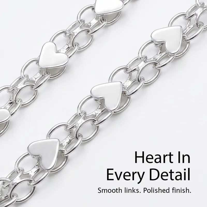 YLNWH 925 Sterling Silver Heart Link Bracelet for Women, Double-Chain Polished Charm Bracelet with Lobster Clasp, Boho Everyday Jewelry Gift
