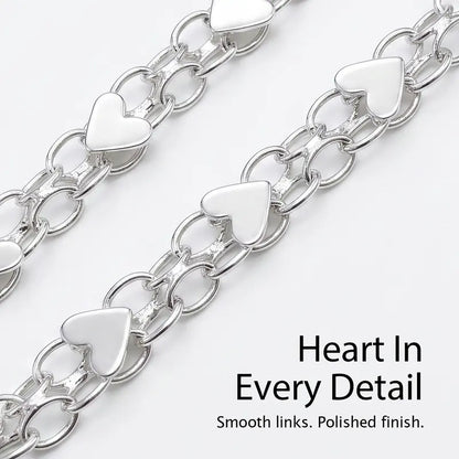 YLNWH 925 Sterling Silver Heart Link Bracelet for Women, Double-Chain Polished Charm Bracelet with Lobster Clasp, Boho Everyday Jewelry Gift