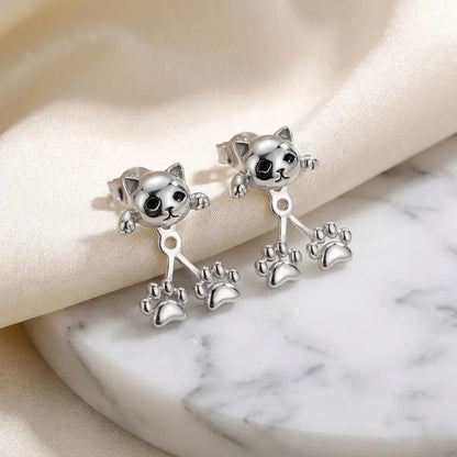 Women's S925 Pure Silver Cat Paw Pendant Pretty Studs - Versatile Dangle Earrings with Paw Charms, Everyday Fashionable Pet-Themed Costume Jewelry Accessories