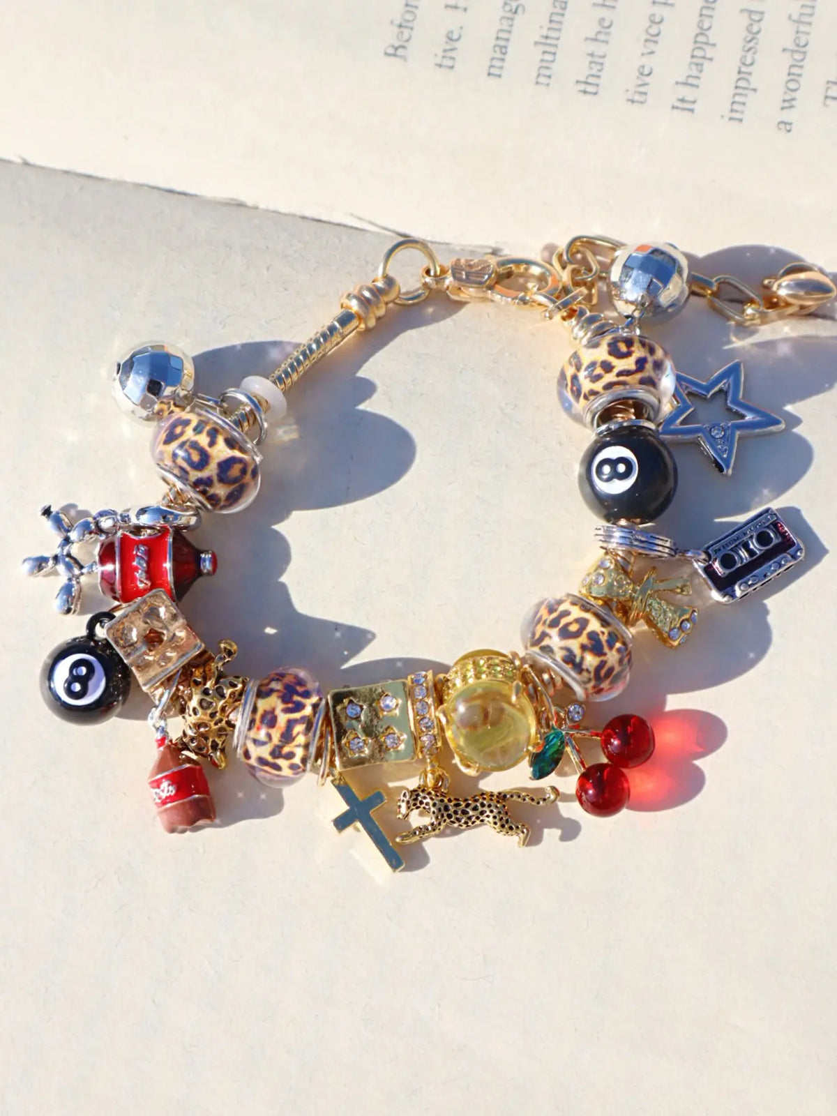 Unique Leopard Print Charm Bracelet, Cherry & Cross & Ball Pendant Bracelet, Music Festival Bracelet, Durable Beaded Bracelet, Creative Eye-Catching Bracelet, Trendy Jewelry