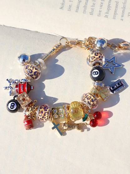 Unique Leopard Print Charm Bracelet, Cherry & Cross & Ball Pendant Bracelet, Music Festival Bracelet, Durable Beaded Bracelet, Creative Eye-Catching Bracelet, Trendy Jewelry