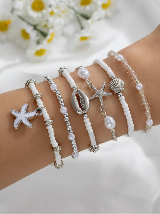 Vintage Shell Beaded Mix Bracelets Set, 6 Pcs Multi-Layer Oil Drop Starfish Jewelry Boho Style Bangles for Casual Vacation Wear Layered Bracelet Set