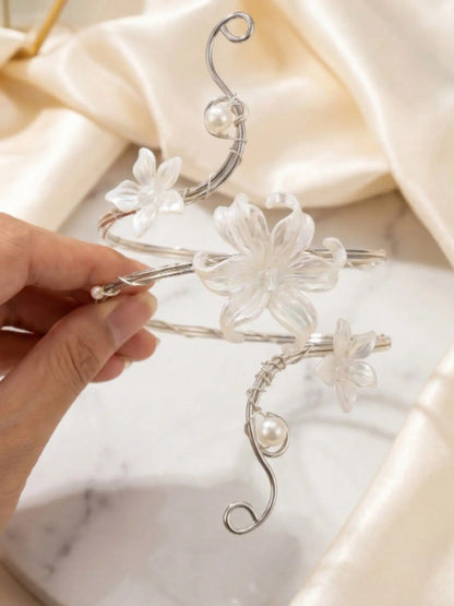 Glossy White Pearl Lily Golden Wire Spiral Arm Cuff Adjustable Upper Arm Flower Design Bracelet Handmade Floral Armband Boho Wedding Beach Fairy Women Statement Jewelry Bohemian Bracelet