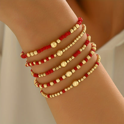 5pcs Retro Bohemian Style Versatile, Easy And Random CCB Glass Bead Elastic Layered Bracelet Set Suitable for Women'S Daily Vacation Matching