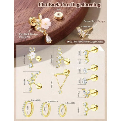 Trendy 12 pairs Hypoallergenic Cartilage Earrings for Women,Flat Back Earring Stacks,Stainless Surgical Steel,Sensitive Ears,Flatback Stud,Hoop,Earring Set,Tragus Conch Daith Helix Piercing Jewelry