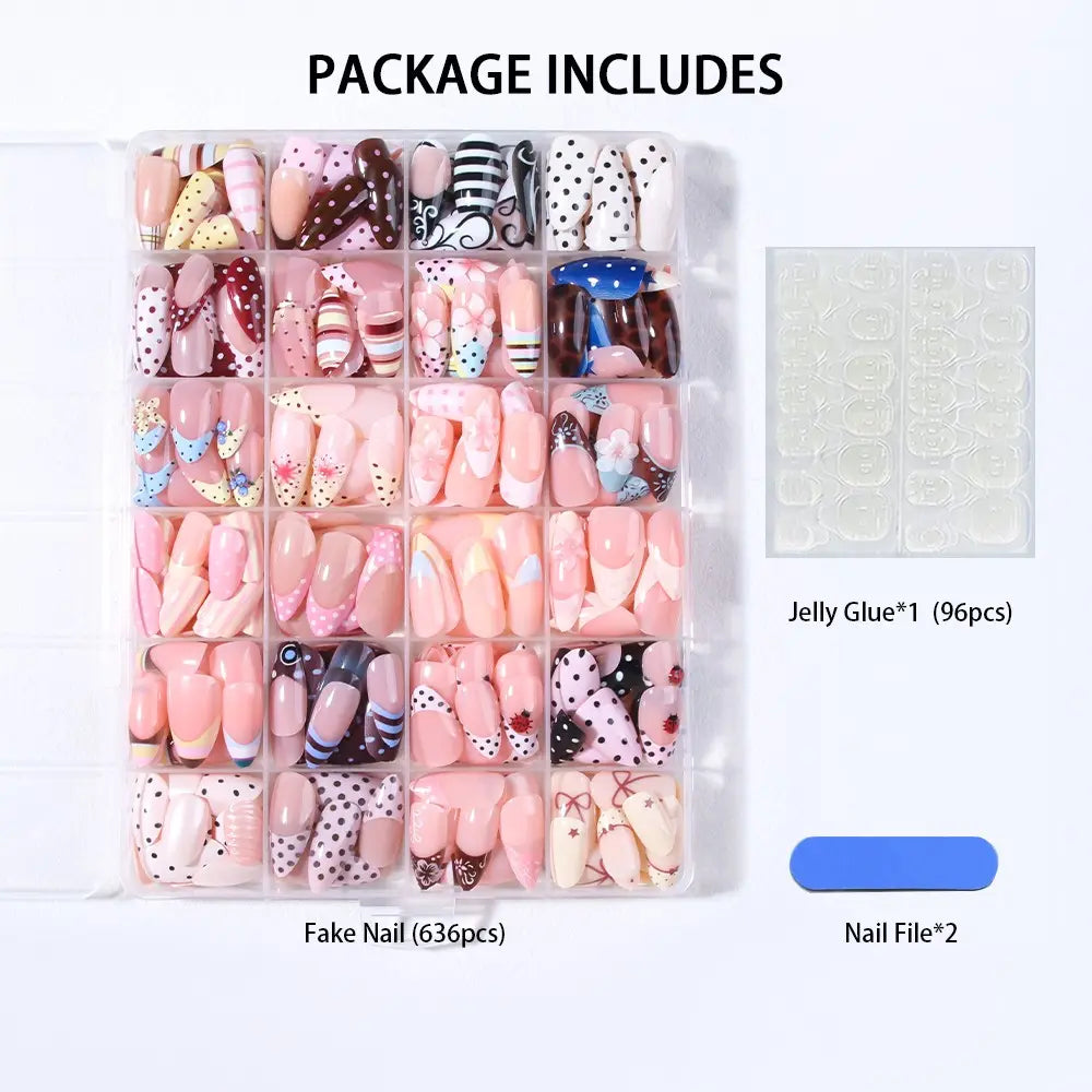 624pcs Almond Press-On Nails Set, French Style, Polka Dot, Striped, Ladybug Design, Acrylic, Summer Nail Art, 24 Mixed Styles, Fake Nails