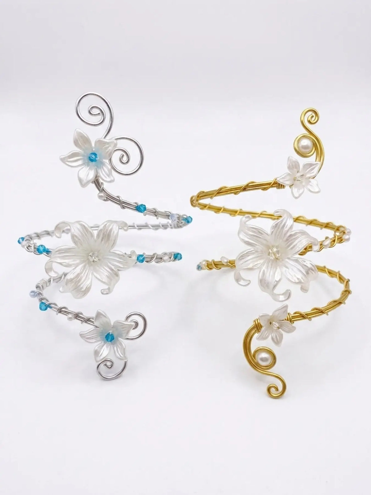 Glossy White Pearl Lily Golden Wire Spiral Arm Cuff Adjustable Upper Arm Flower Design Bracelet Handmade Floral Armband Boho Wedding Beach Fairy Women Statement Jewelry Bohemian Bracelet