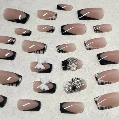 French Tip Press on Nails Short Square Fake Nails with Bow Charms Designs Black White Zebra Print False Nails Cute Small Flowers Silver Star Nail Rhinestones Stick on Nails for Women 24Pcs