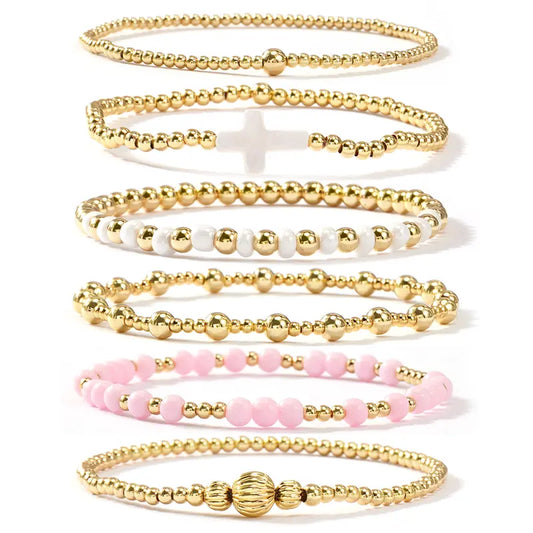 SHINUS Women's Boho 14 Karat Gold-Plated Brass Small Seed Ball Beads Stretch Bracelet Wrist Stack - 7in, Stackable, Trendy, Waterproof, Pink Link, Gold Aesthetic, Unique Costume Jewelry, Accessories for Women, Valentine's Day Gift, Jewelry For Women, Funk