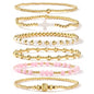 SHINUS Women's Boho 14 Karat Gold-Plated Brass Small Seed Ball Beads Stretch Bracelet Wrist Stack - 7in, Stackable, Trendy, Waterproof, Pink Link, Gold Aesthetic, Unique Costume Jewelry, Accessories for Women, Valentine's Day Gift, Jewelry For Women, Funk