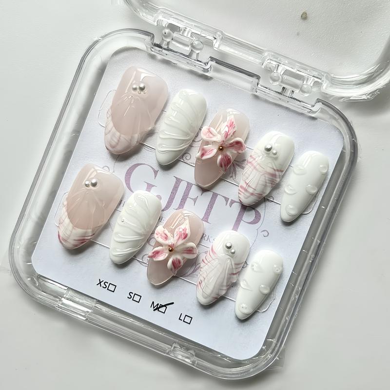 10Pcs Handmade Press On Nails Reusable Medium Handmade Acrylic Press Nails New Summer Collection, Cute Elegant Luxury Cat Eye Design, Ocean Inspired, High Quality Soft Sophisticated Look for Women Nail Art