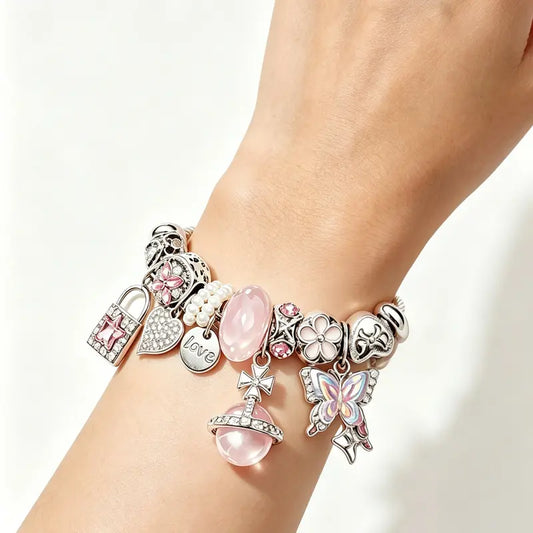 Dreamy Pink Crystal Butterfly Lock Bangle | Sweet Charm Bracelet, Romantic Girly Accessory