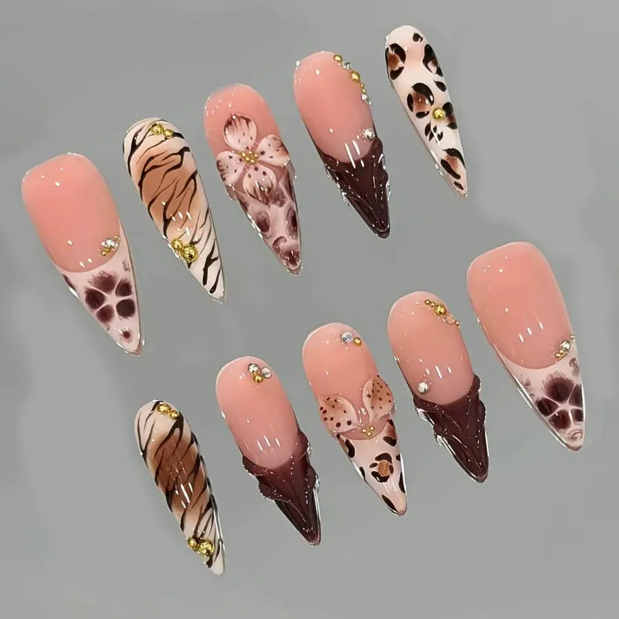 10Pcs/Set Stiletto‑Shaped Handmade Press‑On Nails,Y2K Style,Pink,Brown,Leopard Print & 3D Flower Design,Gold Bead & Rhinestone Decor,Size XS/S/M/L,Include Jelly Glue,Nail File,Cuticle Pusher,for Daily,Party,Dating,Great Holiday Gift for Women
