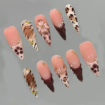 10Pcs/Set Stiletto‑Shaped Handmade Press‑On Nails,Y2K Style,Pink,Brown,Leopard Print & 3D Flower Design,Gold Bead & Rhinestone Decor,Size XS/S/M/L,Include Jelly Glue,Nail File,Cuticle Pusher,for Daily,Party,Dating,Great Holiday Gift for Women
