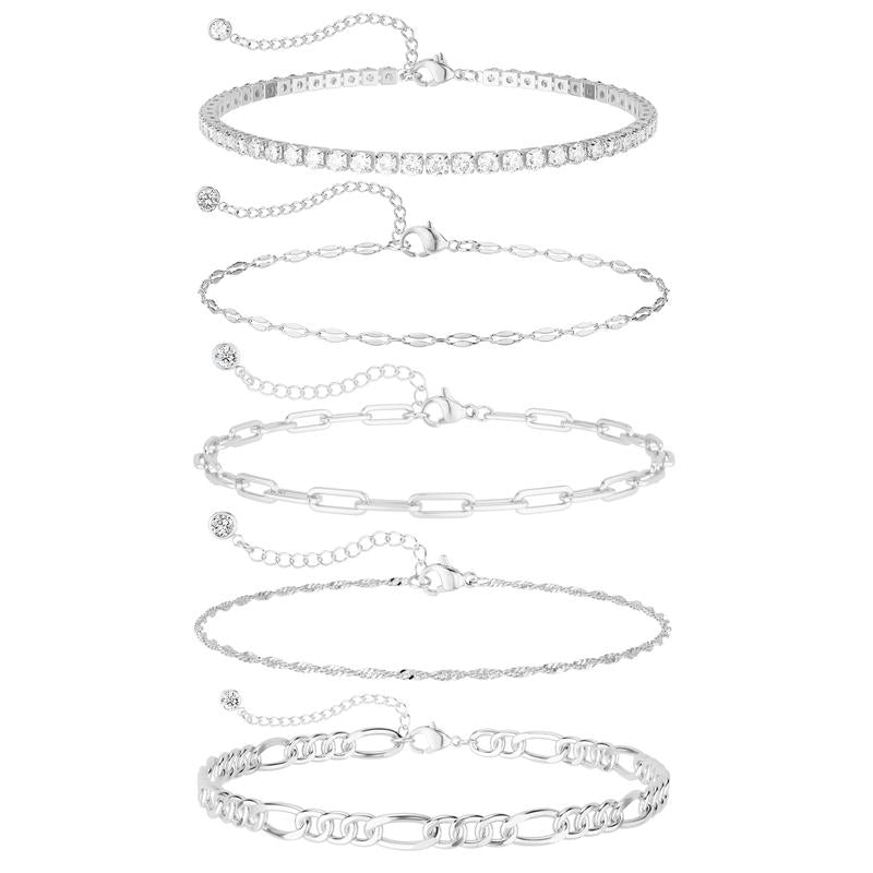 TEWIKY Women's 5-Piece Thin Dainty Metallic Gold Sparkly Bracelet Stack Set - Paperclip, Cuban Link, Greenish Bead Chains, 6.5in Adjustable Jewelry for Everyday/Casual Wear | Accessories Bundle Bracelets & Bangles, Gifts for Women