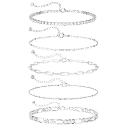 TEWIKY Women's 5-Piece Thin Dainty Metallic Gold Sparkly Bracelet Stack Set - Paperclip, Cuban Link, Greenish Bead Chains, 6.5in Adjustable Jewelry for Everyday/Casual Wear | Accessories Bundle Bracelets & Bangles, Gifts for Women