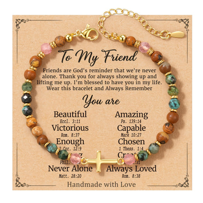 Cross Bracelet Christian Baptism Confirmation Gift Christian Sisters Friendship Bracelet Three Stones Protection Bracelet for Bonus Mom Daughter-In-Law Godmother Bestie Friend Family Birthday Easter Christmas Mother'S Day Holiday Gift with Card